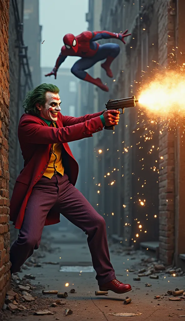 "Create a highly realistic, intense scene of the Joker firing a gun at Spider-Man. The Joker, now bloodied and disheveled, is grinning maniacally as he pulls the trigger, with smoke and sparks erupting from the barrel of the gun. Spider-Man is seen dodging...