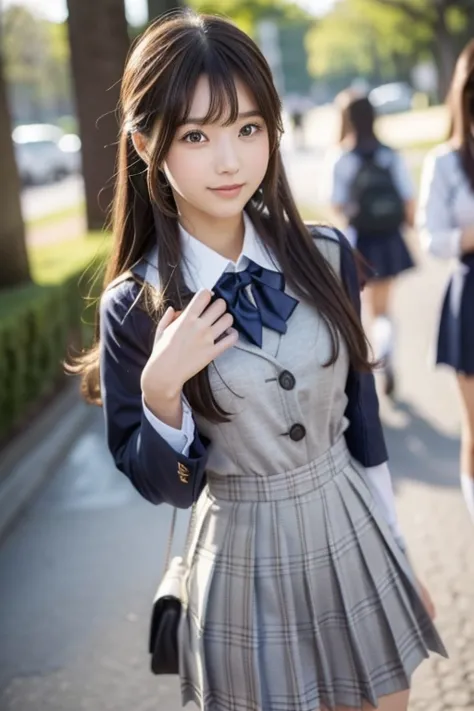 日本人モデルが  school uniform で写真のポーズをとっている, JK uniform , かわいいhigh school girl, Japanese 女の子  school uniform, 日本の school uniform,  school uniform, 現実的なhigh school girl, high school girl,  school uniform,   school uniformを着て 、looking at the camera、 beautiful eyes...