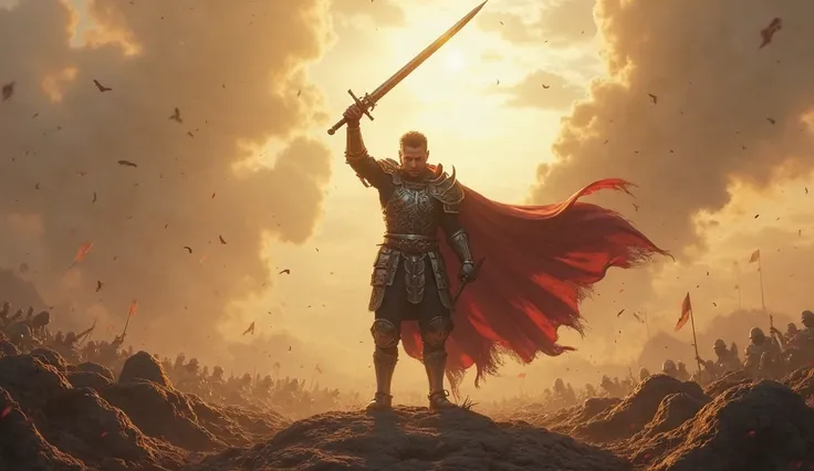 A person standing on a battlefield in ancient armor, with a sword raised high, symbolizing spiritual warfare and victory.