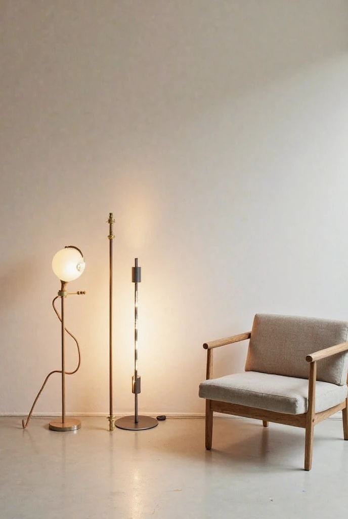 A minimalist interior with neutral tones, clean lines, and functional furniture. The unique floor lamps serve as sculptural focal points, providing soft ambient lighting. Natural materials like wood and metal enhance simplicity, while negative space create...