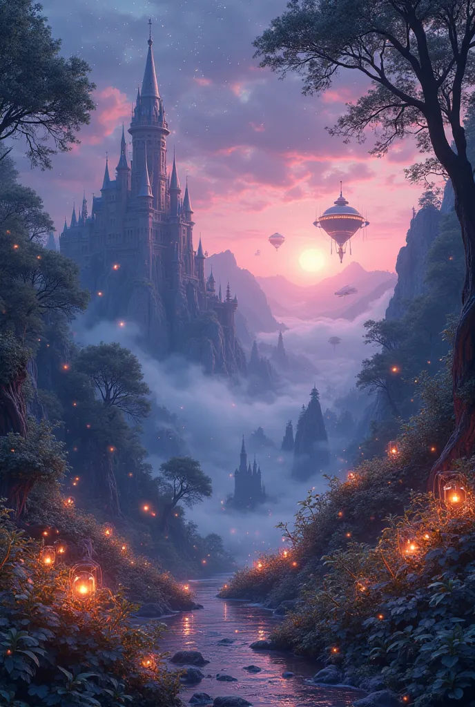 A breathtaking, dreamlike fantasy landscape. A glowing, enchanted forest with bioluminescent plants. A towering, majestic castle in the distance, floating islands hovering in the sky. Soft golden mist swirls around, and tiny glowing fireflies dance in the ...