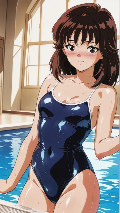 Saeki Tomoko, (cowboy shot), dark brown hair, medium hair, dark eyes, Anime Coloring, retro art style, 1 girl, Alone, small breasts, cleavage,  pretty butt, (Sexy Swimsuit), (wet:1.2), (shy:1.1), (blush), (smile), (I'm fascinated:1.1), ( pool),  score_9,  ...