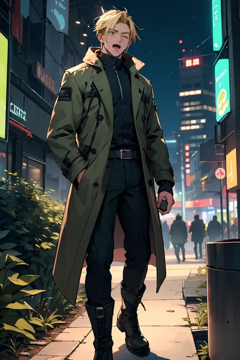 1Men, Solo, slim and tall; longe Blonde Hair; green Eyes; dark green futuristic coat, Belts on cloth, cyber city background, hand in pocket, holding a coffee, one eye closed,yawning, high bootswith belts, night,