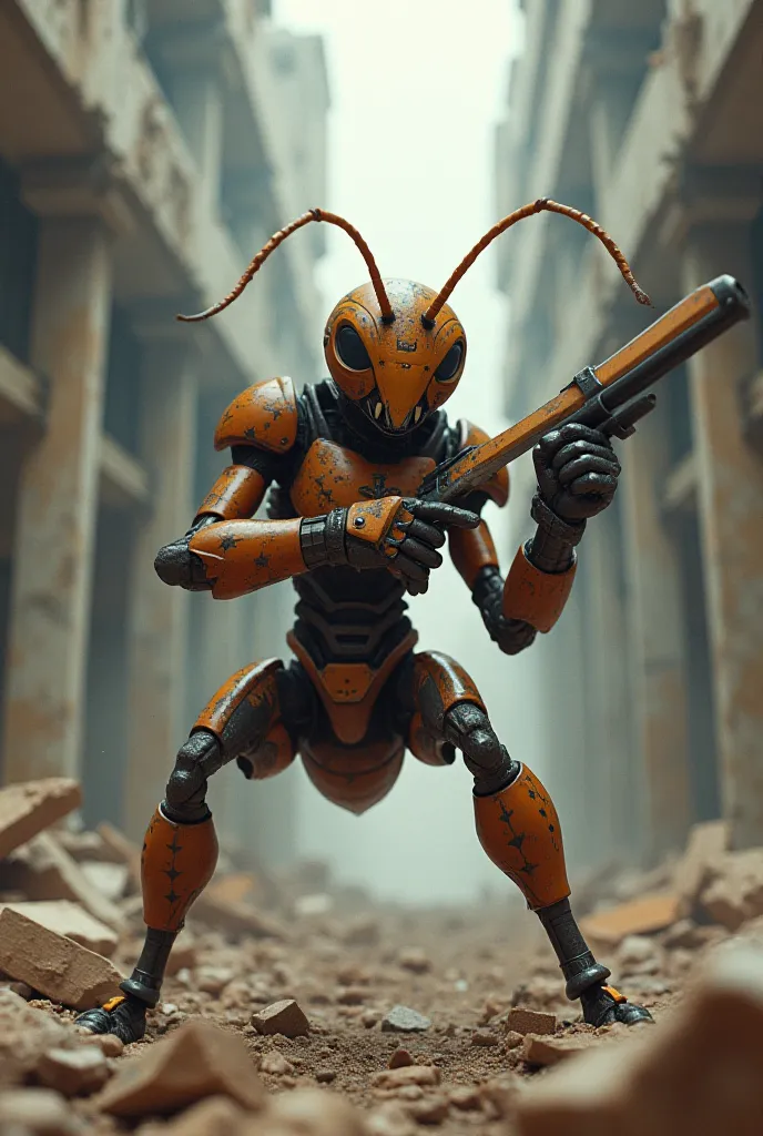 There is an ant soldier with a sword in his left hand and a pistol in his right. Background should be the modern building but destroyded he is fighting with enemy action. Close short. 