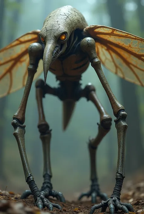 The Dramira is a terrifying fantasy creature that combines insect-like features with the appearance of a decayed skeletal being. Its body is extremely tall and thin, covered in cracked, bark-like skin with a grayish-brown hue.

Head: Its head is elongated ...