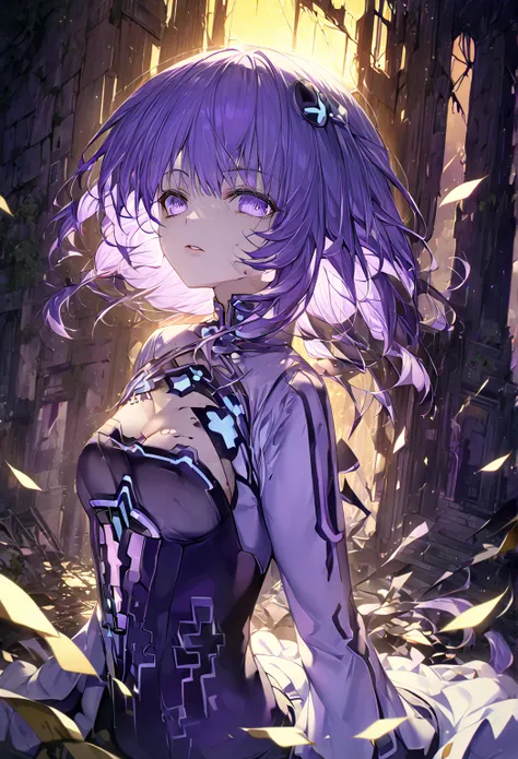 The Royal Sister's Maiden,  It is fuller,  hidden hourglass figure, oversized white shirt ,  long messy purple hair , golden irises  ,  Dark eyes defined Confused , Ruins of old buildings ，dark night , purple eyes blood,  highly detailed,  The best details...