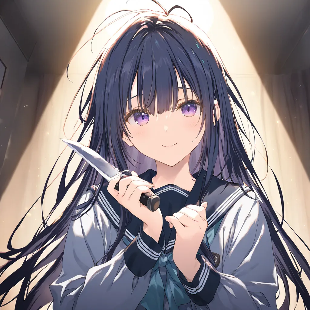 Solo,1girl, dark blue hair, very long hair, Purple eyes, Glowings eyesx stoic, Scary, Yandere, Messy hair, Uniform, School uniform, knife, japanese (artist:mitsumi_misato),artist:fujiyama,artist:kokonoka, break,(masterpiece), (best quality), (ultra-detaile...