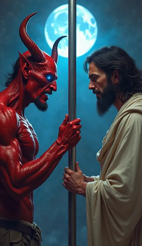 A hyper-realistic digital painting of a dramatic scene featuring a red-skinned demon and a figure resembling Jesus Christ, separated by a vertical barrier. The demon has glowing blue eyes, sharp horns, a muscular physique, and an intense, focused expressio...