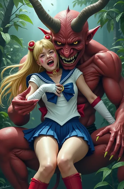 Hyperrealism, masterpiece, highest quality, A young Japanese woman is sitting on the devil lap, ((she is crying and screaming in pain)), painful face, she is wearing a Sailor Moon costume, Blue sailor collar, Blue mini pleated skirt, she is wearing pleated...