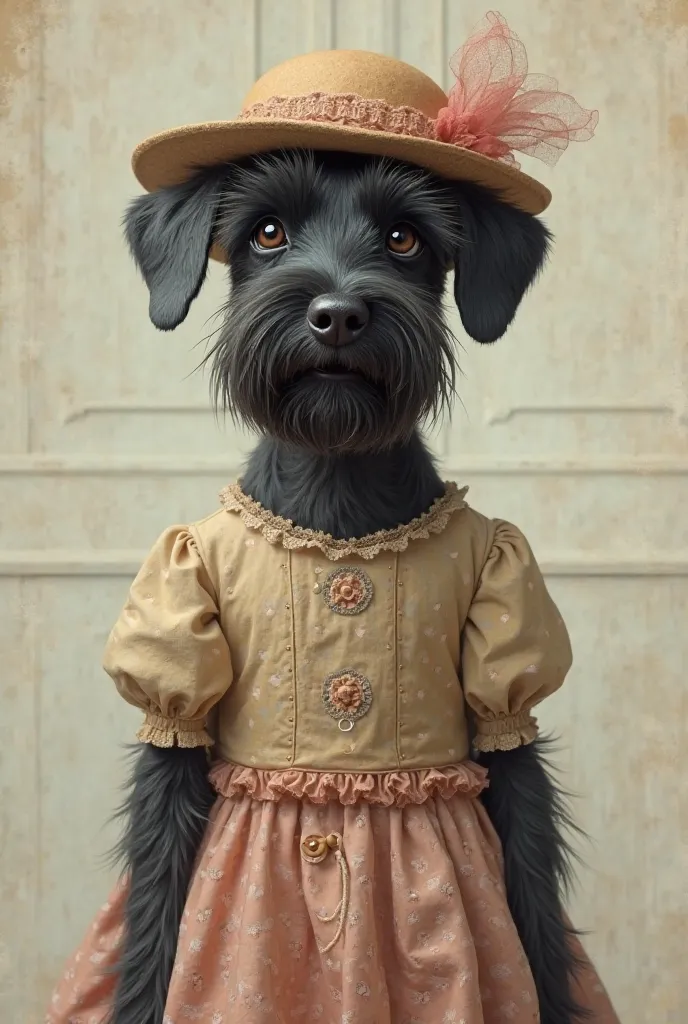 The dog with hat and old dress. The dog is a black snaucher
