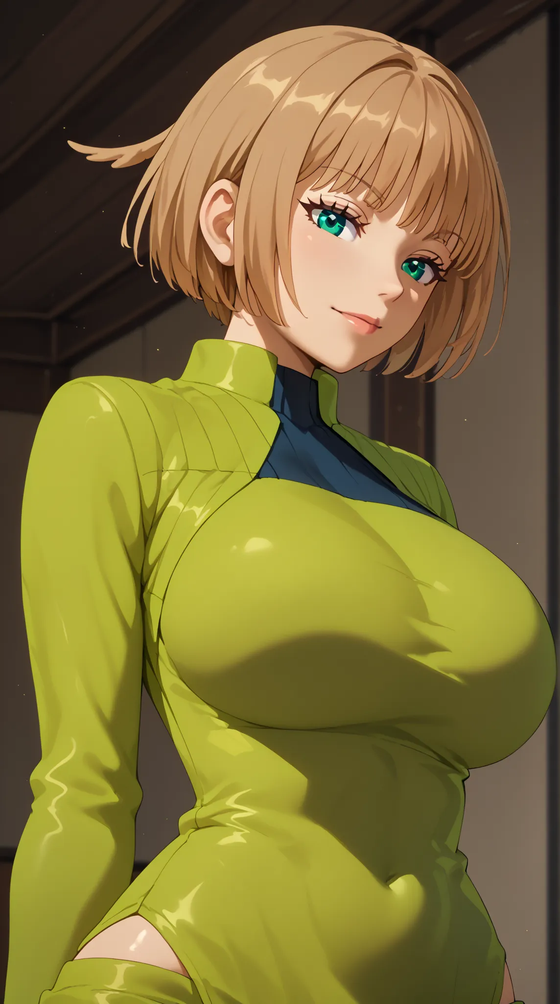 (UHD, retina, masterpiece, accurate, anatomically correct, super detail, high details,   highres, 1080P, 16k、high detail RAW color art:1.3)、(Kirie Konami ai:1.3)、(short hair、light brown hair、bangs、green　Eye  1.3)、(very gigantic breasts:1.3)、(shiny skin:1.3...