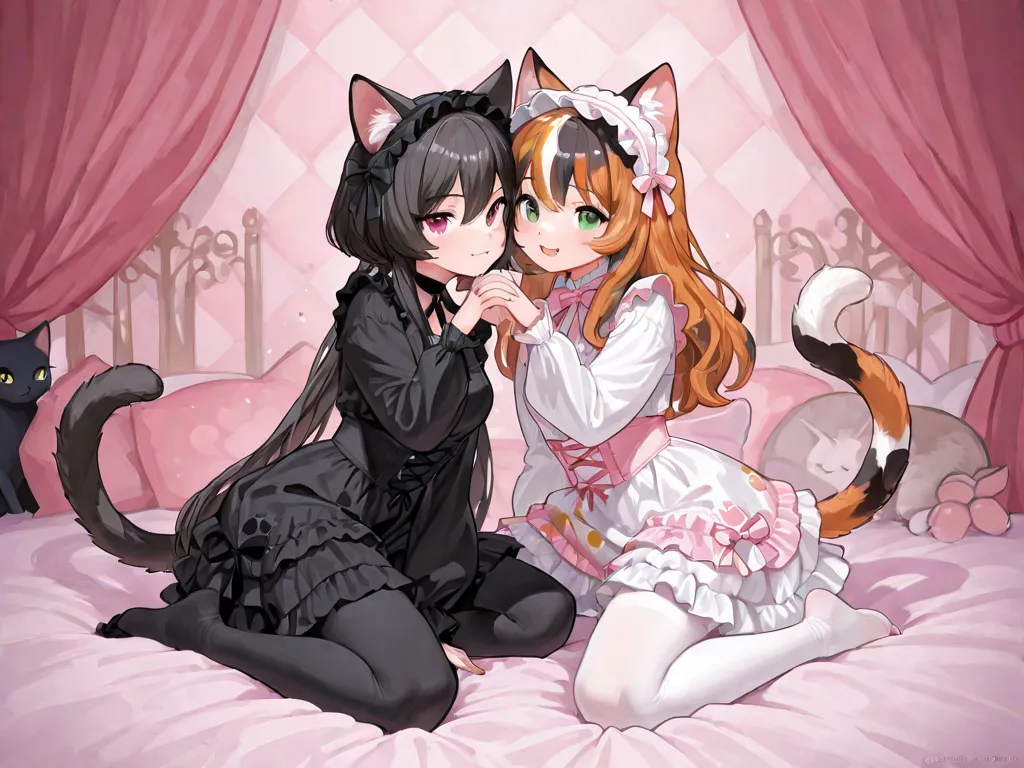  2 women(Calico cat girl and black cat girl)、fur、 sitting on a bed、 Lolita Fashion、Cat&#39;s paw、Cat paw with hands and feet、Show me paws、Lesbian Sex