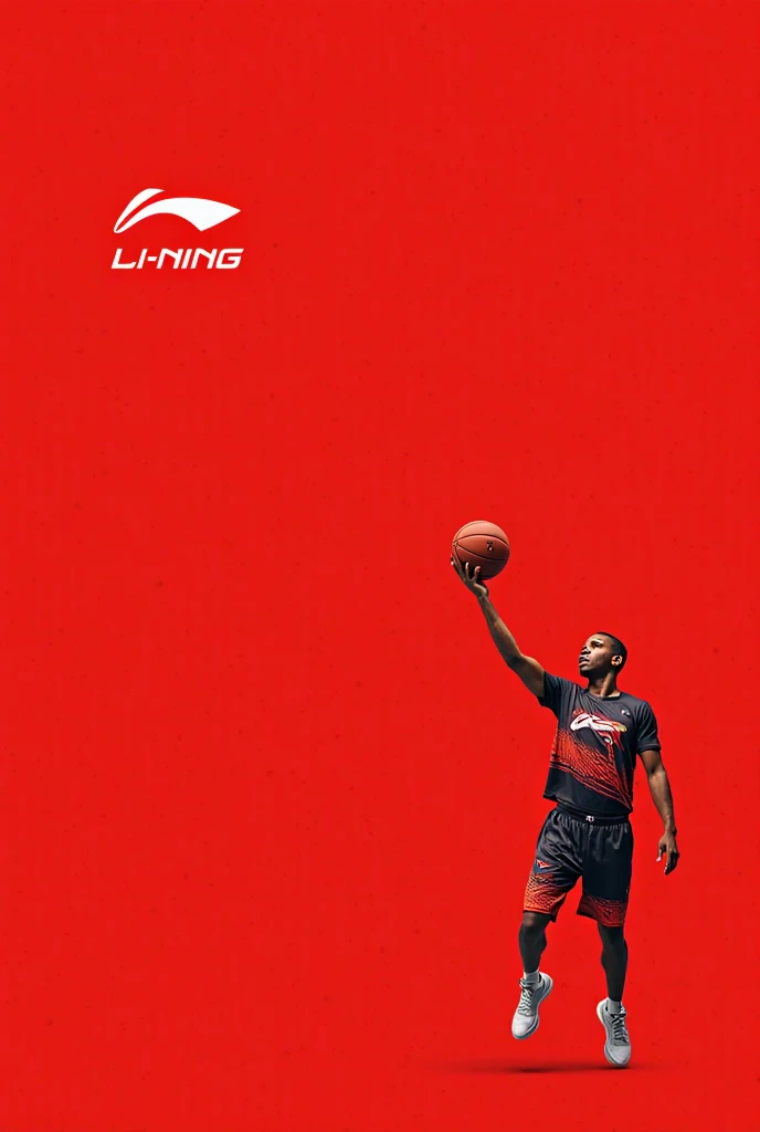 A red background with the Li-Ning logo in the center. Lower right, a basketball player wearing Li-Ning clothes with the brand logo clearly visible on a T-shirt and sneakers. Basketball player playing with a ball, makes a spectacular dribble or throw. Leave...