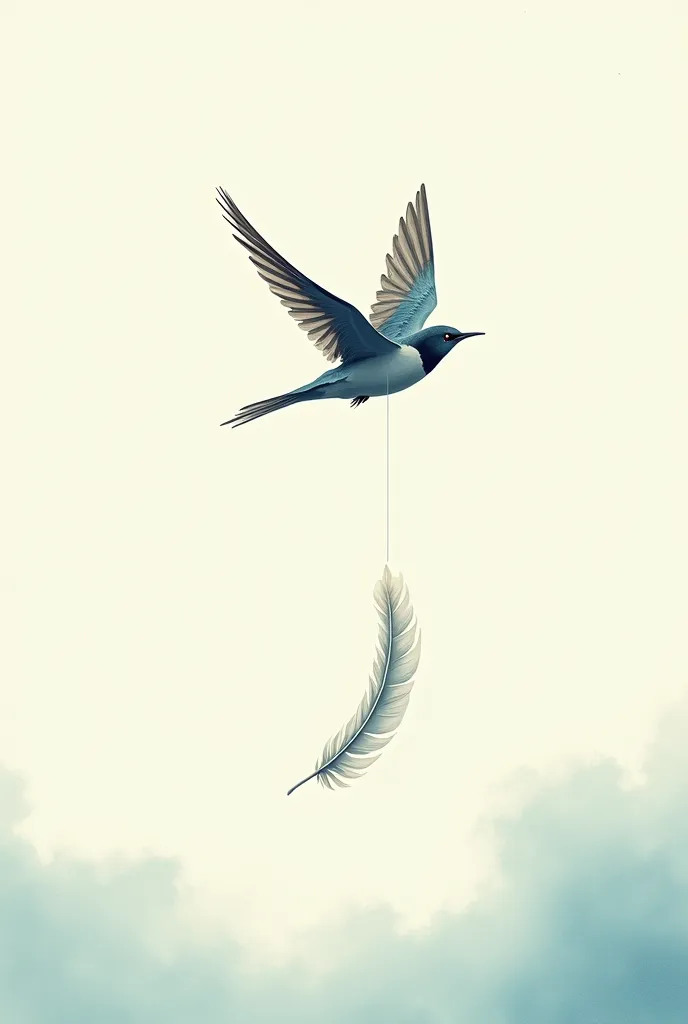 {{A ((poetic and elegant)) depiction of {((a bird gliding through the sky, shedding a single feather that drifts downward))}}} with {((graceful motion lines following the feather’s fall, and soft sky tones blending into the page))}. This is a {((contempora...