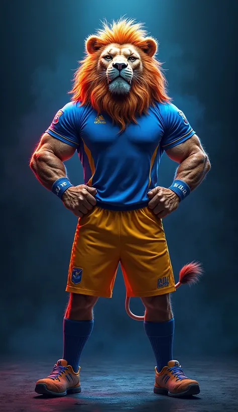 A powerful e-sports mascot lion standing tall with a fierce expression, hands on its waist in a dominant pose. The lion wears a blue jersey, yellow shorts, and blue socks. Its muscular build and intense gaze convey strength and determination. The backgroun...