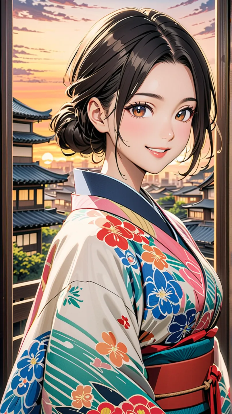   young woman, Beautiful woman wearing a colorful Japanese kimono,   Brownish Black Hair  , Japanese painting, anime art, Colored pencil drawing、Using the state of future cities in the background、Facing the front with a smile、