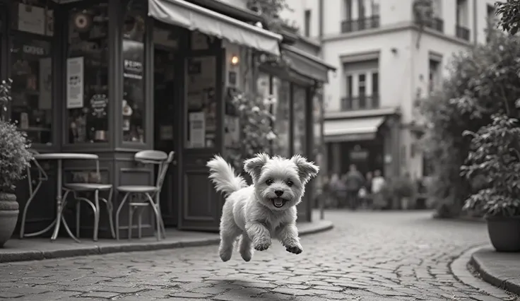 An adorable and friendly little dog jumping in front of a charming coffee shop in the picturesque streets of Paris, captured in an artistic black and white photo that evokes the style of renowned photographers.