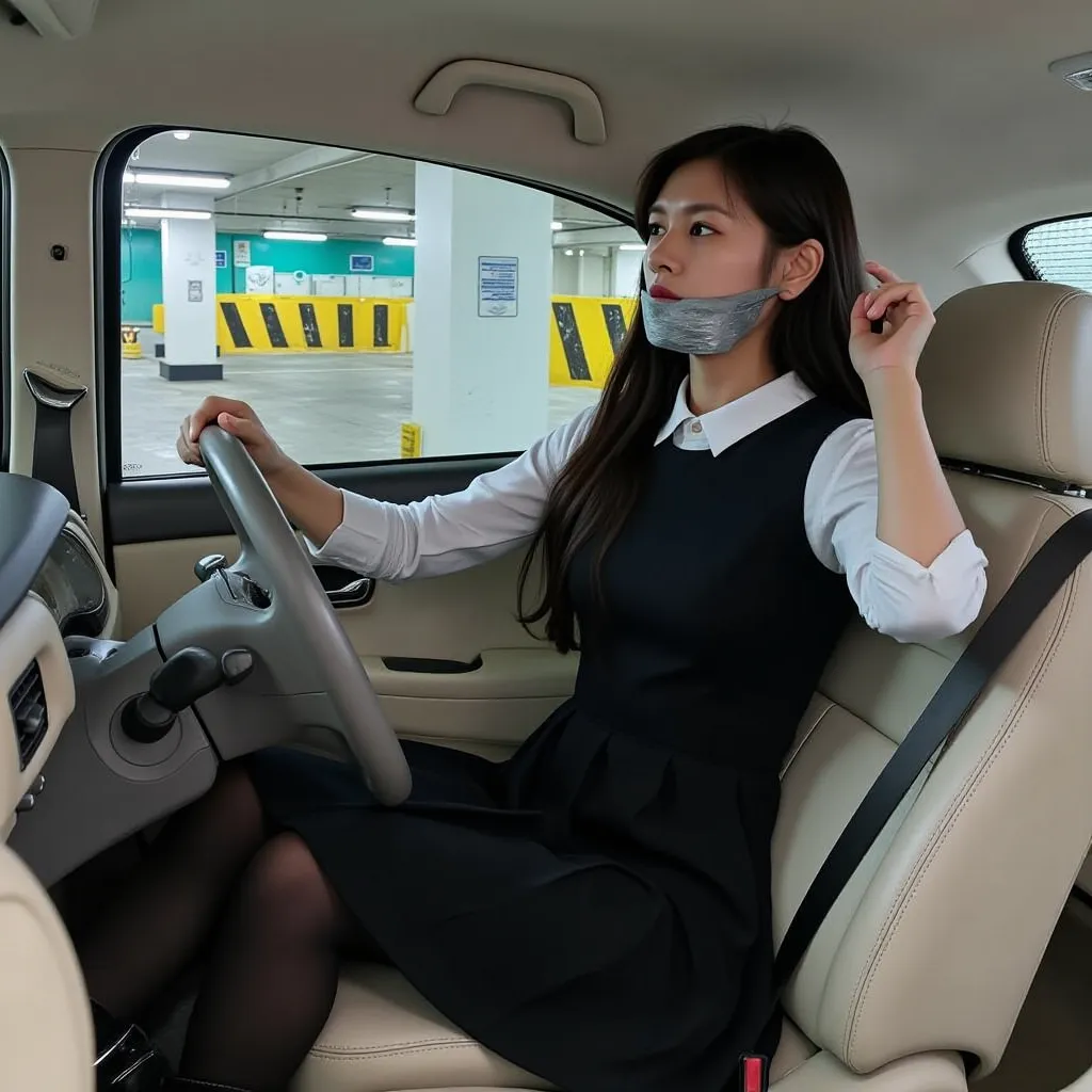  บรรยากาศIn the car Kia Carnival, Gray, cream leather seat, Korean girl ,   long hair, wearing a chic black dress over a regular white shirt.,  Black pleated skirt ,  Black Stockings, and leather ankle boots , tape Gagged by a piece of silver duct tape, Ga...