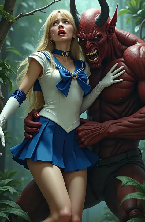 Hyperrealism, masterpiece, highest quality, A young Japanese woman is sitting on the devil lap, ((she is crying and screaming in pain)), tears from her eyes, painful face, she is wearing a Sailor Moon costume, Blue sailor collar, Blue mini pleated skirt, s...