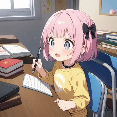 ((three quater view)), Elementary School Classroom 、brown desk、Textbooks on the desk、((chair under a chair))、 ((face forcus)), standing,Source Anime, (Masterpiece), (Best Quality)), (Very Detailed), ((Cute)), (Amazing), (Detailed)), 4K, (8k), Highest Qual...