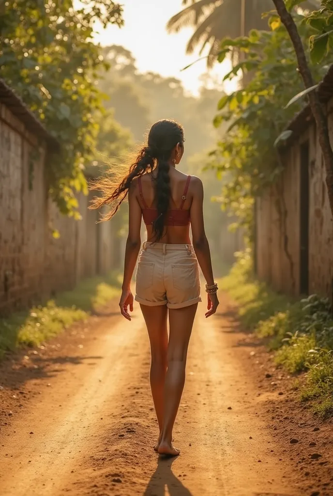 A realistic video of a young Sinhala woman walking alone on a serene, sunlit rural road, her dark hair loosely braided, wearing a simple cotton bralette and matching shorts. The camera follows her from a respectful distance, capturing the golden-hour glow ...