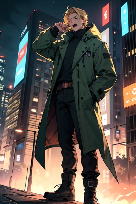 1Men, Solo, slim and tall; longe Blonde Hair; green Eyes; dark green futuristic coat, Belts on cloth, cyber city background, hand in pocket, holding a coffee, one eye closed,yawning, high bootswith belts, night,