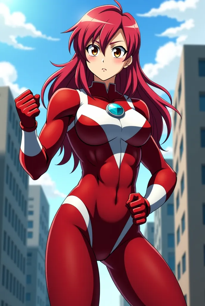  My Hero Academia Style , Anime girl, female, young female,muscular female,Full Body Shot,(fighting Pose:2),Long hair, Red Hair,  Brown Eyes,Hero Suit, Full Body Suit, red suit with white details,small round blue jewel in the center of the chest, perfect a...