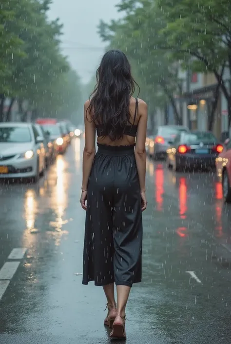 full body dress wearing pants and sandals、long hair、A beautiful Korean woman in a、It's raining at a car stop