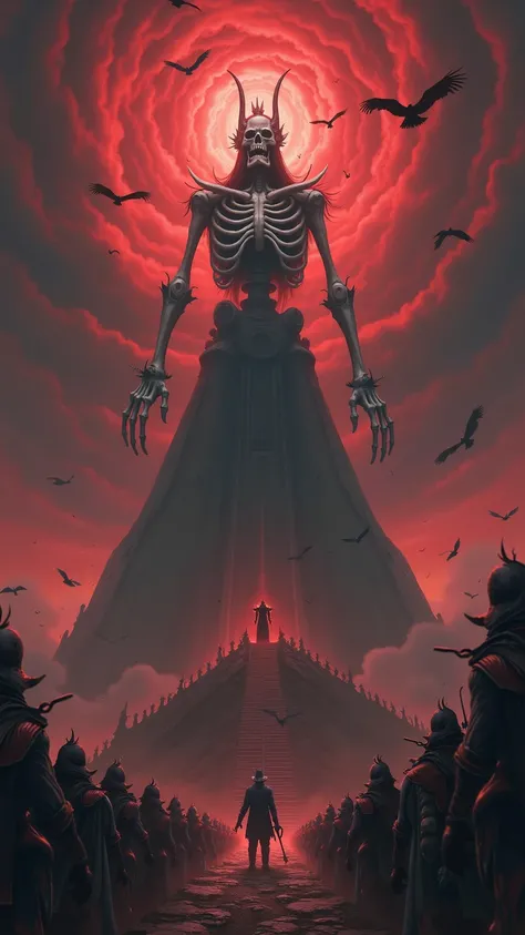 under a dark sky with red storm clouds swirling、huge skeleton scene with outstanding high image detail、towering at the top of a huge pyramid。eerie light escapes from the eyes and mouth of the skeleton、radiates fear and majesty。huge skeleton scene The head ...