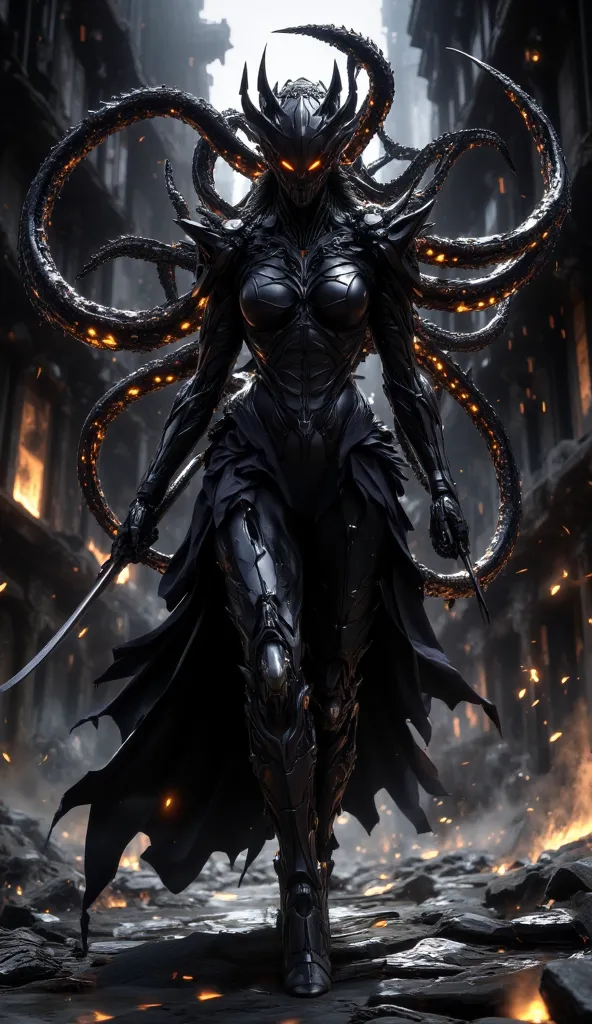 "A powerful, demonic female warrior stands in an ancient, ruined temple with a dark, misty background. She wears black, metallic armor with an organic, spiked design, covering her entire body. Her glowing orange eyes pierce through the darkness beneath a s...