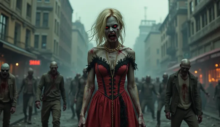 "A terrifying post-apocalyptic cityscape overrun by zombies. In the foreground, a fierce and haunting 'Zombie Queen' stands menacingly, with pale, decayed skin, blood dripping from her mouth, and glowing red bloodbloodstream eyes. She wears a tattered, blo...