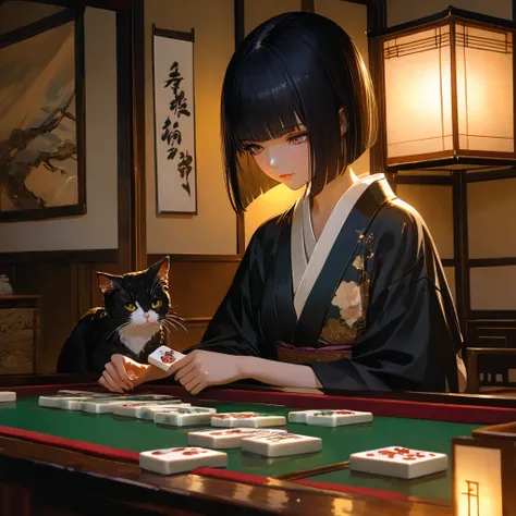 Black hair, girl, cat eyes, hime cut hair, holding mahjong tile