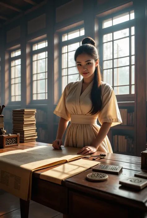 **Prompt:** Create a hyper-realistic ultra-wide illustration that encapsulates a prehistoric Chinese female publisher deeply engaged in her craft, operating a large wooden printing stamp press on a pristine sheet of ancient paper. This composition should p...