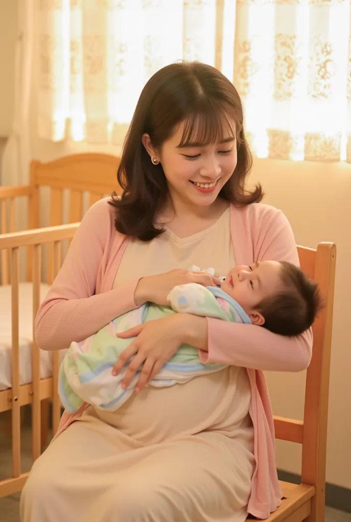 A high-resolution, artistically composed portrait of a Japanese mother, around 40 years old, sitting on a simple wooden chair in a 1970s maternity ward. She is cradling her newborn baby in her arms, looking down with a warm, joyful smile. The baby, wrapped...