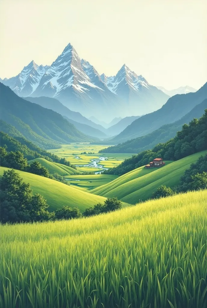 Landscape painting in acrylic with mountains hills and rice field 