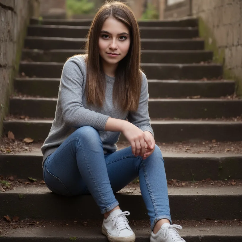  woman sitting on stairs . Has a thin sweater on.  and jeans . She also has sneakers in photorealistic style,  sharp focus, very detailed, sunlight, Detail,  full body