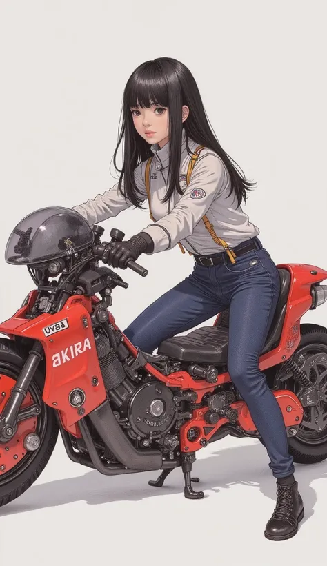 There is a picture of a girl riding a toy Akira motorcycle, white and navy blue pilot suit 、colored pencil sketch by Katsuhiro Otomo, pixiv contest winner, manga, dynamic guidance art, Akira's Japanese Art , dynamic guidance artwork