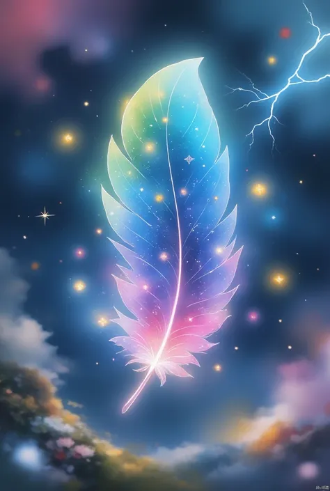 "A mystical feather infused with the brilliance of the cosmos, floating in the vastness of space. The feather glows with deep blue and purple gradients, adorned with twinkling stars and swirling galactic patterns. Ethereal auroras ripple along its edges, c...