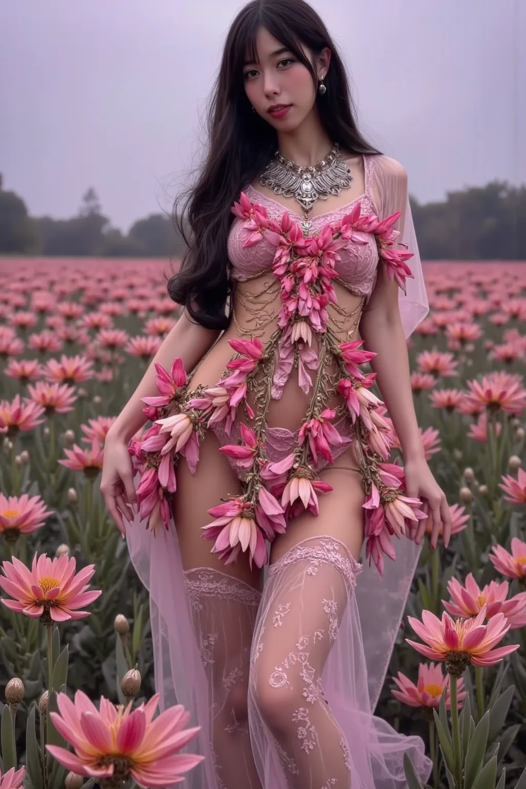 goddess of love and fertility (giga tits, huge tits natural sag) , extremely attractive, flower dress made of sheer silk very colorful, flower jewelry and decorations, demure, lewd, perfect flower garden