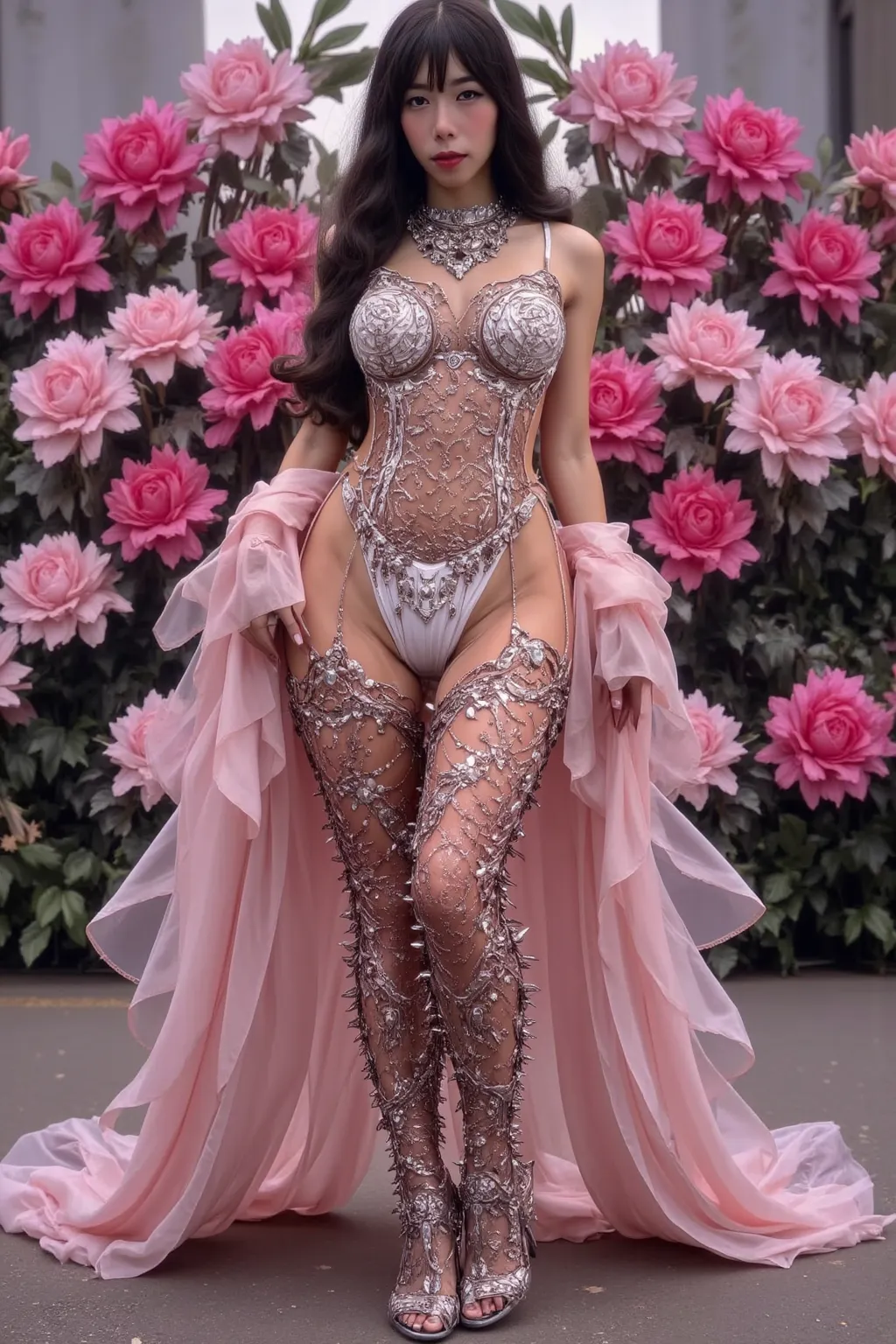 goddess of love and fertility (giga tits, huge tits natural sag) , extremely attractive, flower dress made of sheer silk very colorful, flower jewelry and decorations, demure, lewd, perfect flower garden