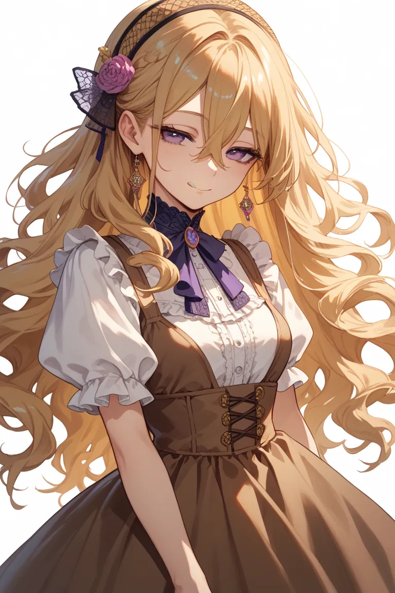 masterpiece, highest quality, Anime style, only one girl, turime, white background, victorian maid, brown apron, young girl, blond long hair, middle part, fuchsia purple eyes, hairs between eyes, straight hair, from left, looking at viewer, square head, st...