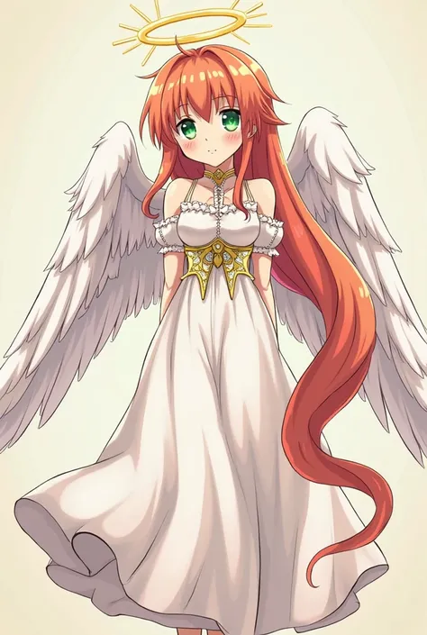 Monika from the video game Doki Doki Literature Club in an angelic version, dressed in an angel outfit with two large angel wings on the back, an oreol on the top of her head, extremely long coral brown hair styled in an extremely long floor-length ponytai...