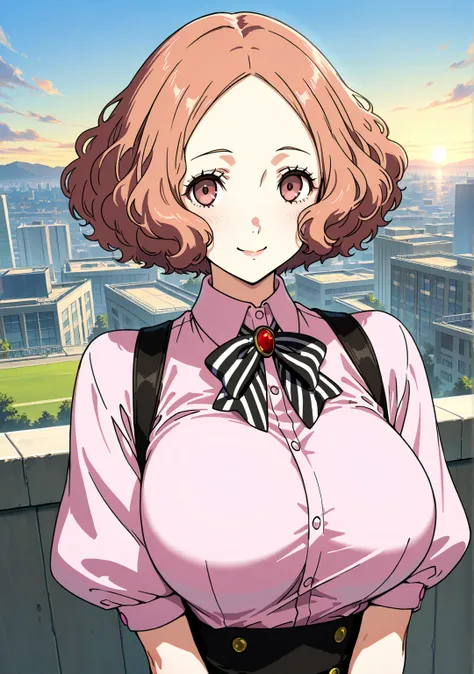  Ultra High Definition、 Beauty、ペルソナのOkumura Haru、Okumura Haru、 Persona 5、  Highest quality、 Smile、School、Schoolのrooftop、rooftop、field、big breasts、 wind blows