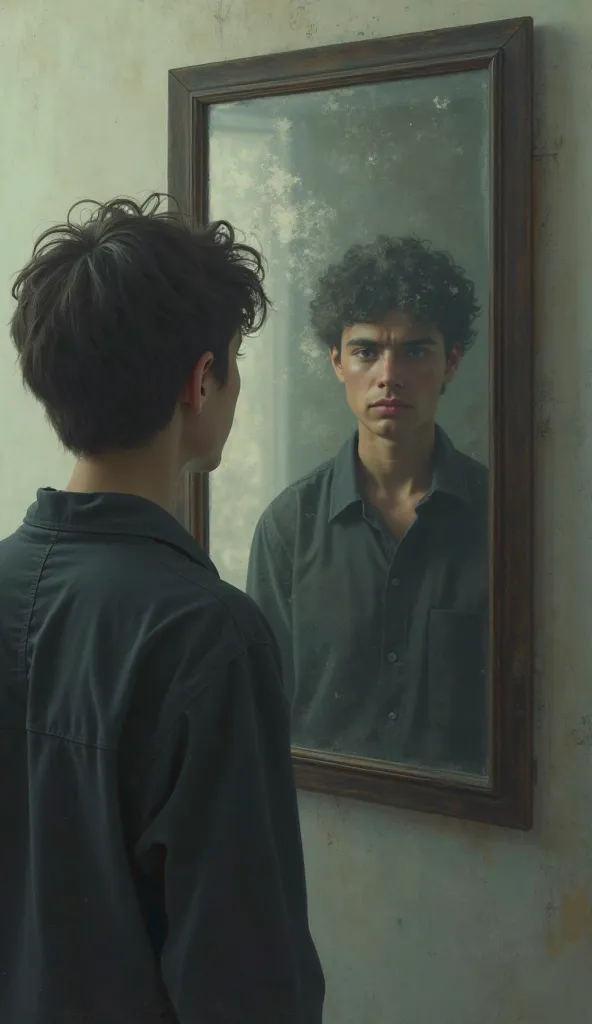 A person standing in front of a mirror looking at their reflection .the reflection is blurry symbolizing inner conflict 