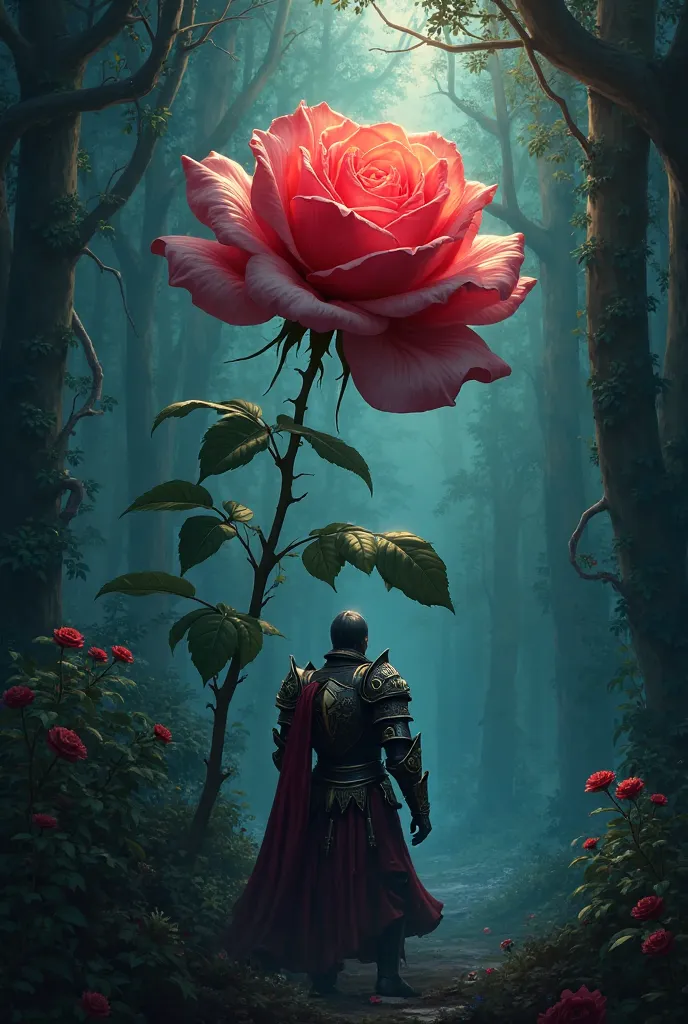 Generate me beautiful rose in darkness.  And there is  knight who wants to bring lights to that rose 