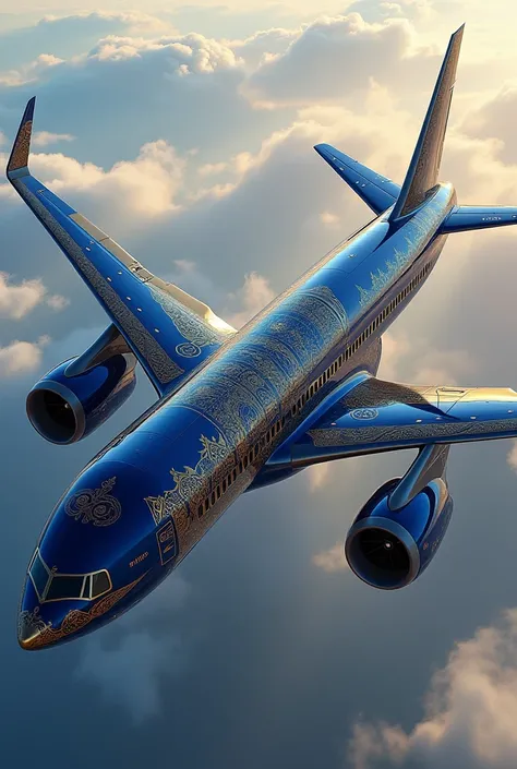 He designed for me a fully featured passenger plane inspired by the Babylonian civilization
It is in royal blue and the patterns are in gold
