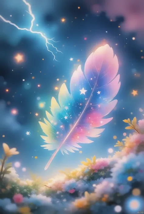 "A mystical feather infused with the brilliance of the cosmos, floating in the vastness of space. The feather glows with deep blue and purple gradients, adorned with twinkling stars and swirling galactic patterns. Ethereal auroras ripple along its edges, c...