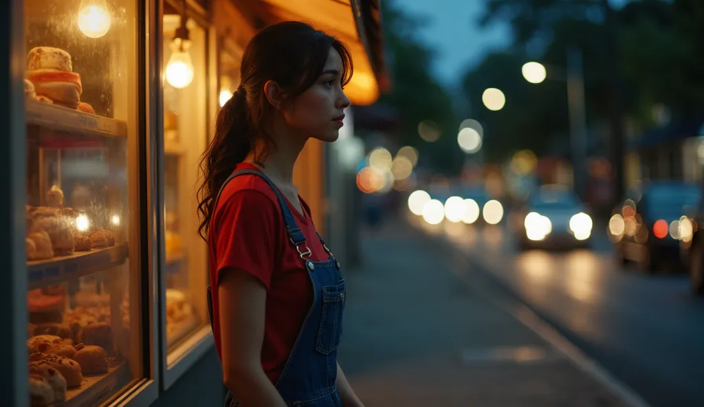 a young woman in a red T-shirt and dark blue overalls. standing inside a small roadside bakery at night looking out onto the street as if someone was groping , illuminated by warm street lights. The setting is a light blurred urban backdrop with cars and b...