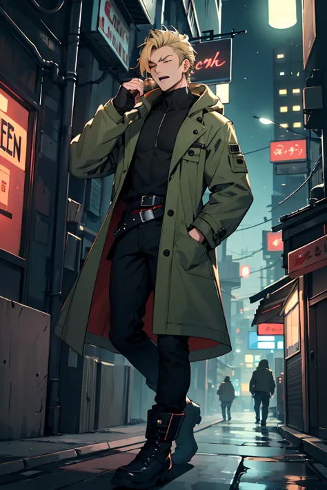 1Men, Solo, slim and tall; longe Blonde Hair; green Eyes; dark green futuristic coat, Belts on cloth, cyber city background, hand in pocket, holding a coffee, one eye closed,yawning, high bootswith belts, night,