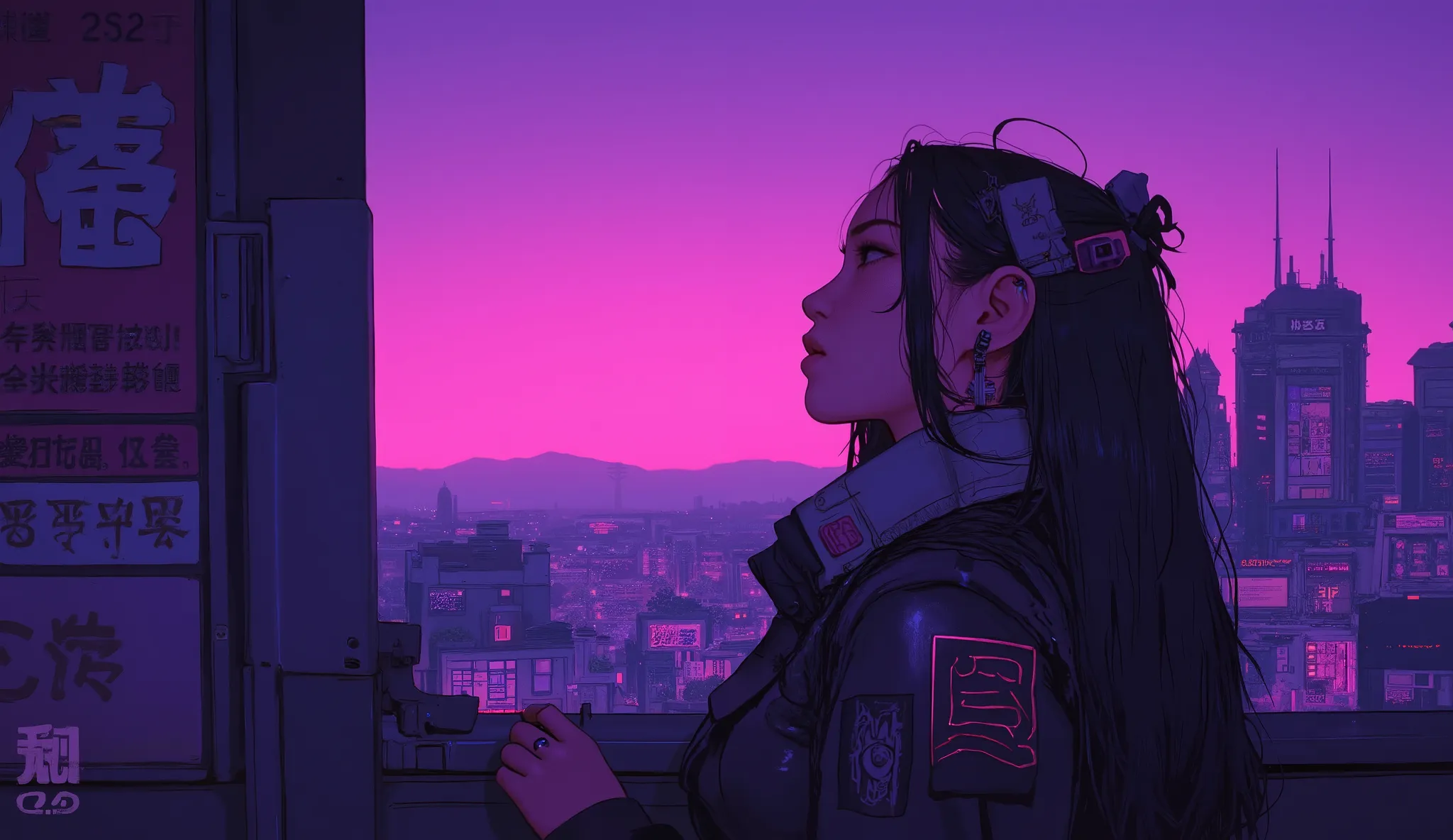 Highest quality　Ultra delicate　Japanese anime anime　 one pretty girl　　Strong shadows 　contrast after screen action 　サイバーpunk　punk 　Emotional　Sadness　sunset　Twilight　Purple　I'm staring at the sunset